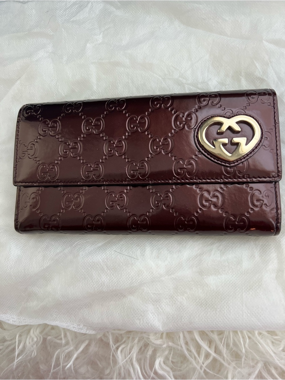 Gucci Burgundy Patent Leather GG Heart Continental Wallet